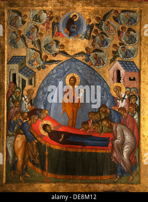 La Dormizione della Vergine del XV secolo. Artista: icona russa Foto Stock
