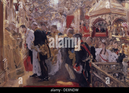 L'incoronazione dell'imperatore Nicola II nella Cattedrale dell Assunzione, 1896. Artista: Serov, Valentin Alexandrovich (1865-1911) Foto Stock