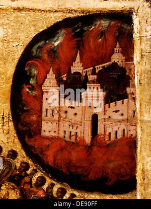 Beato sarà ospite del Re del cielo (Dettaglio: Fuoco a Kazan), 1550s. Artista: Atanasio, Metropolita di Mosca (attivo a metà del XVI secolo). Foto Stock