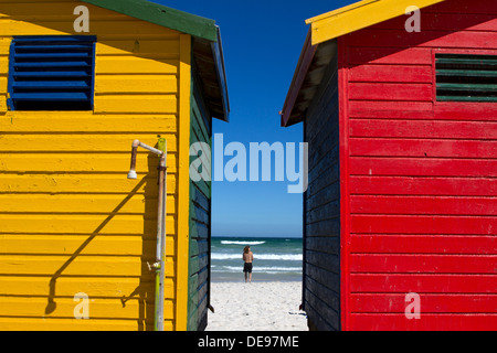 Dipinto di cabine sulla spiaggia, sulla spiaggia di Muizenberg, Sud Africa. Foto Stock