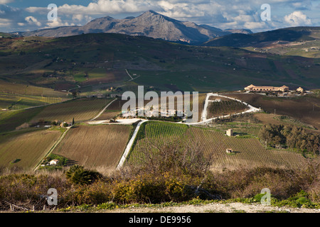 La campagna della regione nei pressi di Segesta in provincia di Trapani, in Sicilia. Foto Stock