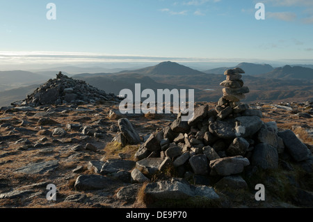 Canisp, cUL Mor e Suilven dalla cima del Coinich Spideo di Quinag, Sutherland, Scozia, Regno Unito Foto Stock