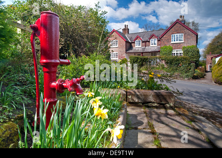 Vecchia Pompa acqua in primavera, villaggio di Rostherne, vicino a Knutsford, Cheshire, Inghilterra, Regno Unito Foto Stock