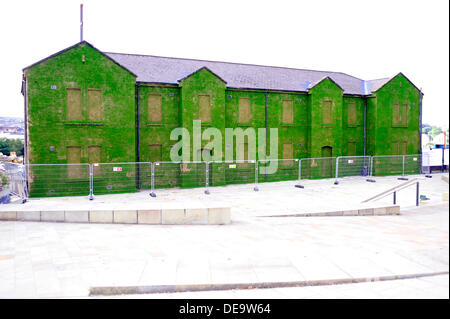 Ebrington Square, Derry, Londonderry, Irlanda del Nord, Regno Unito, 14 Sett. 2013. Un edificio storico e ex esercito britannico sposato trimestri è stata trasformata in una temporanea installazione d arte. Il dark facade di Cunningham edificio in Piazza Ebrington è stato ricoperto da milioni di sementi di erba da artista Dan Harvey e il suo partner Heather Ackroyd al numero. L'installazione, parte della città del Regno Unito la cultura del progetto, è aperta al pubblico dal 15 settembre al 27 ottobre 2013. Credito: George Sweeney / Alamy Live News. Credito: George Sweeney / Alamy Live News Foto Stock