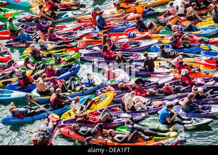 Pembrokeshire, West Wales, Regno Unito. Xiv Sep, 2013. Gli spettatori in barche e canoe guarda i subacquei competere nel round 5 della Red Bull Cliff Diving Concorrenza alla Laguna Blu in Pembrokeshire, West Wales. Credito: Giovanni Wellings/Alamy Live News Foto Stock