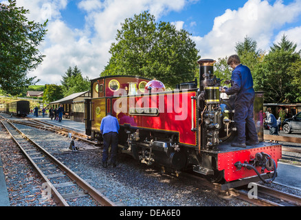 Uomini al lavoro su 'Principe di Galles " Treno a vapore a Ponte del Diavolo stazione ferroviaria, Vale of Rheidol Railway, Ceredigion, Wales, Regno Unito Foto Stock