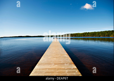 Il Boardwalk sulle sponde di un lago, vicino a Boras, Lakeland, Svezia centrale, Europa Foto Stock