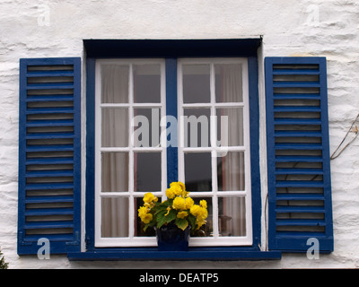 Finestra di casa con persiane decorativo, Looe, Cornwall, Regno Unito 2013 Foto Stock