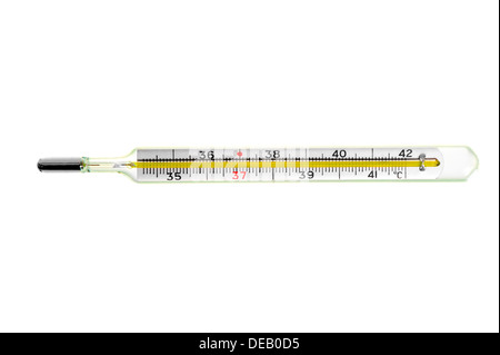 Vetro termometro a mercurio close up su sfondo bianco Foto Stock