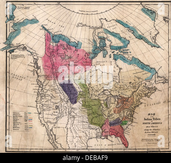 Mappa delle tribù Indiane del Nord America, circa 1600 D.C. lungo l'Oceano Atlantico, e circa 1800 D.C. westwardly Foto Stock