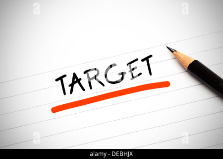 La parola scritta di destinazione su un blocco note Foto Stock