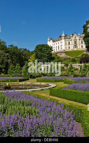 DUNROBIN CASTLE GOLSPIE Sutherland la Scozia con stagno e Blue nepitella fiori Foto Stock