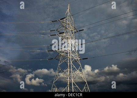 Pilone di elettricità e i cavi nella campagna indiana contro un buio cielo tempestoso. Andhra Pradesh, India Foto Stock