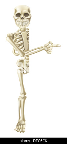 Un cartoon carattere scheletro peeping round un banner di Halloween o segno e puntando al suo contenuto Foto Stock