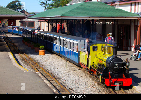 Treno a vapore la Northern Rock a Ravenglass e Eskdale stazione ferroviaria. Ravenglass Cumbria Inghilterra England Regno Unito Gran Bretagna Foto Stock