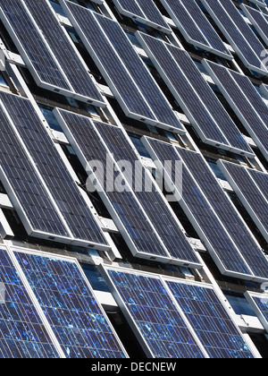 Vista dei pannelli solari fotovoltaici, che assorbono la luce del sole come fonte di energia per generare elettricità. Foto Stock