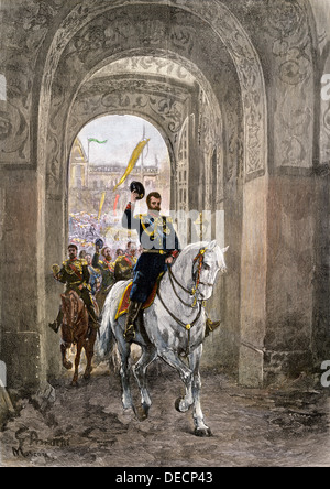 Lo Zar Nicola II di entrare nel Cremlino gate per la sua incoronazione, 1896. Colorate a mano la xilografia Foto Stock