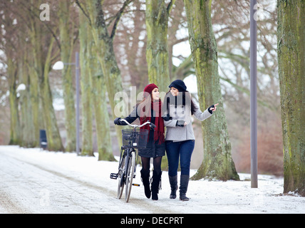 Due amici all'aperto godendo il loro tempo di incollaggio in un parco invernale Foto Stock