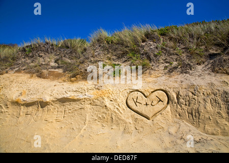 Graffiti incisi in una duna di sabbia sulla costa dell'Oregon. Foto Stock