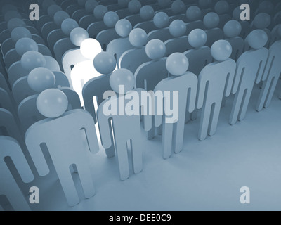 La creatività metafora del concetto. 3D render illustrazione con illuminazione uomo nella folla di persone schematica Foto Stock