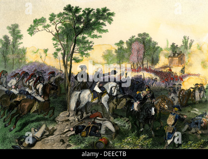 Battaglia di Eutaw Springs con gli americani comandati da Nathanael Greene, colorate a mano l'incisione Foto Stock