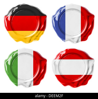 Germania, Francia, Italia, Austria bandiera nazionale sigilli in ceralacca set isolato su bianco Foto Stock