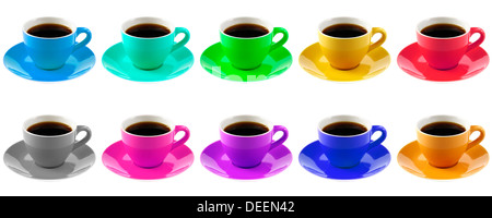 Dieci tazze colorate di caffè isolato su sfondo bianco Foto Stock