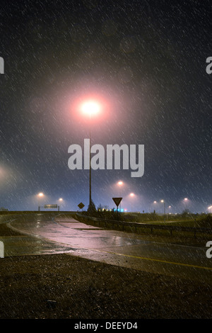 Strisce di pioggia durante le tempeste in autostrada CON LA LUCE POST Foto Stock