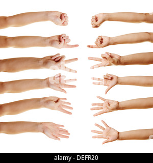 Molte mani conteggio con le dita da zero a cinque Foto Stock