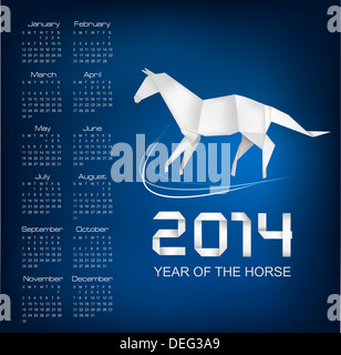 Calendario per l'anno 2014. Origami cavallo. Vettore. Foto Stock