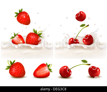 Rosso di fragole e ciliege frutti di cadere nella milky splash. Illustrazione Vettoriale Foto Stock