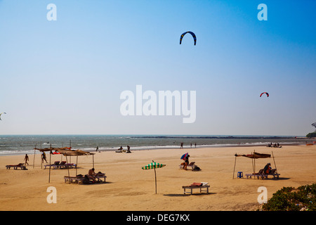 I turisti sulla spiaggia, Morjim, Goa nord, Goa, India Foto Stock