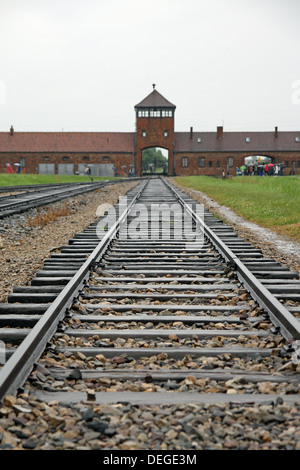 In lontananza l'ingresso principale di Auschwitz Birkenau Campo di concentramento. Foto Stock