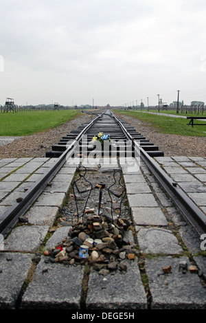 Memorial alla fine dei binari del treno in Auschwitz. Foto Stock