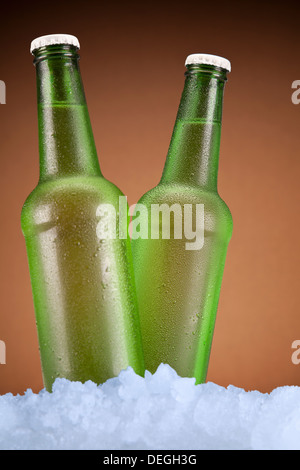 Verde di due bottiglie di birra seduti sul ghiaccio su uno sfondo di colore marrone. Foto Stock