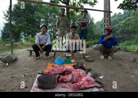 Nero uomo Hmong vendita del bestiame carni di suino sul modo di Sa Pa, Lao Cai, Vietnam Foto Stock