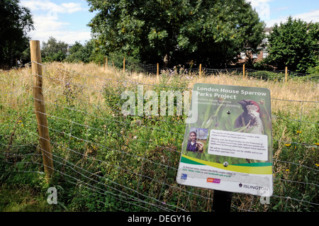 London House Sparrow parchi segno progetto Laycock Street Park Foto Stock