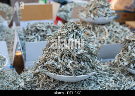 Asciugare le acciughe in vendita presso Jagalchi Mercato del Pesce, Busan, Corea del Sud Foto Stock