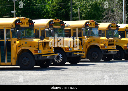 Linea di parcheggiato scuolabus Foto Stock