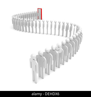 Una coda di astratta persone in attesa vicino alla porta rossa. 3D render illustrazione isolato su bianco Foto Stock
