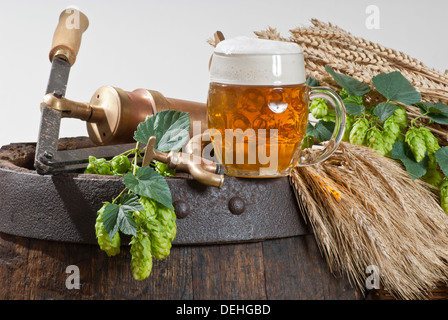 Birra e materie prime per la produzione di birra Foto Stock