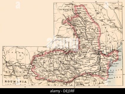 Mappa di Romania, 1870s. Litografia a colori Foto Stock