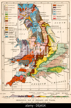 Mappa geologica di Inghilterra e Galles. Litografia a colori Foto Stock