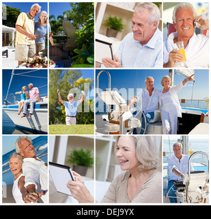 Felice senior pensionati uomini donne coppie uno stile di vita attivo romantica vacanza estate sole vela & utilizzando computer tablet Foto Stock