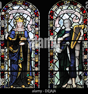 St Hilda, la badessa e il poeta Caedmon, lay-fratello, commemorato a Kirkby Malham Chiesa, Yorkshire Dales, Inghilterra Foto Stock