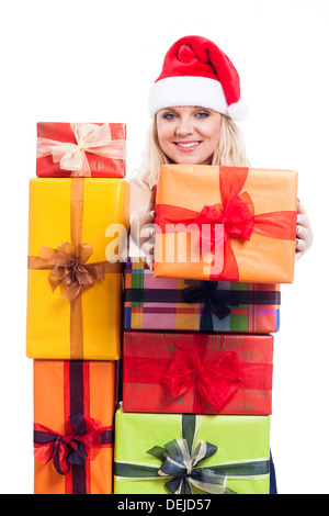 Felice Natale donna che presenta, isolato su sfondo bianco. Foto Stock