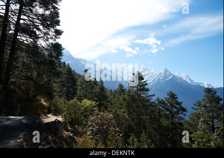 La vista si guarda indietro a sud verso Namche Bazaar dal sentiero escursionistico conduce verso Thame, Solokhumbu/Everest Regione, Nepal Foto Stock