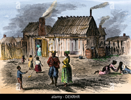 Cabine di schiavi liberati a Trento fiume insediamento, North Carolina,1866. Colorate a mano la xilografia Foto Stock