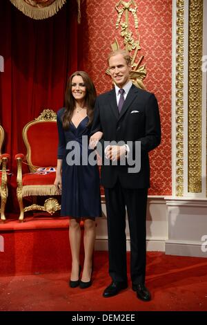 Le figure di cera del principe Guglielmo duca di Cambridge e Caterina, duchessa di Cambridge si trova in Madame Tussauds a Londra, in Gran Bretagna, 15 settembre 2013. Foto: Jens KALAENE Foto Stock