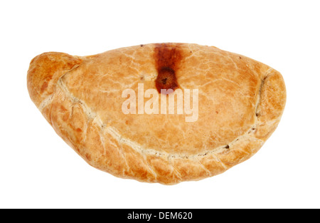 Lato aggraffato Cornish pasty isolata contro bianco Foto Stock